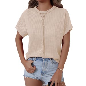 Women's Waffle Knit Crew Neck Short Sleeve Casual Loose Tunic Top - 1 of 4