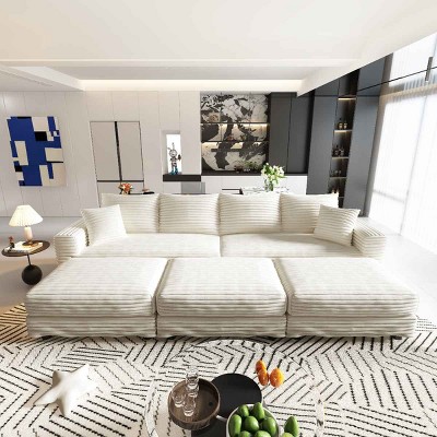 102.4 Inch Convertible Lounge Sofa with 3 Ottomans, 4-Seat Cloud Couch with Cushions, Corduroy Lounge Sofa with Wood Frame-Coolbibila