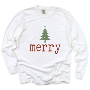 Merry Christmas Tree Stars - Women's Garment Dyed Long Sleeve Graphic T-Shirt - 1 of 4