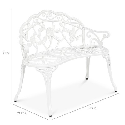 Elegant Antique-Style Rose Accented White Metal Garden Bench