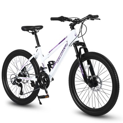 Okak 24/26IN Mountain Bike with 21 Speeds and Dual Disc Brakes, Kids Bike with 100mm Front Suspension, Dirt Bike for Teenagers and Women