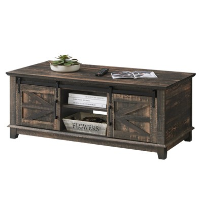 AMERLIFE Farmhouse Coffee Table with Sliding Barn Doors & Storage Cabinet, Rustic Oak Black