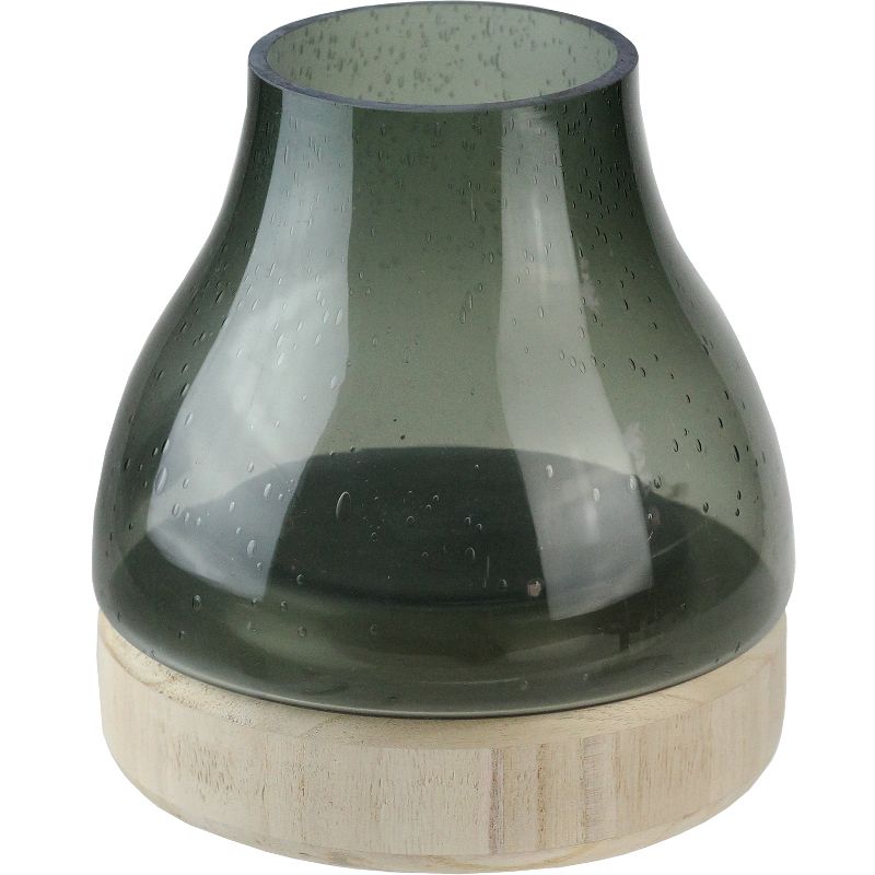 Northlight 7.75" Storm Gray Bubble Glass Pillar Candle Holder with Wooden Base, 1 of 5