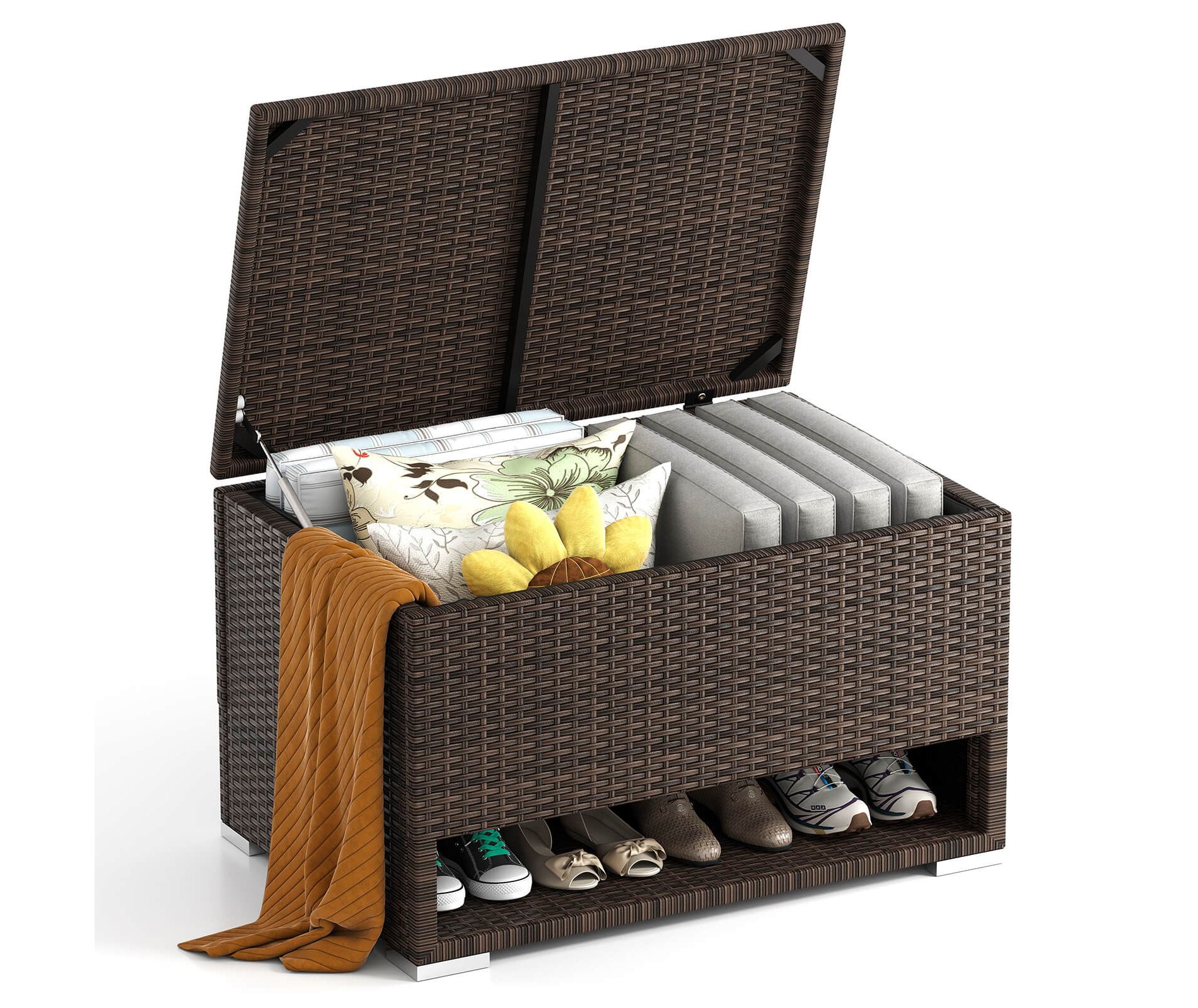 Costway 48 Gallon Deck Box with Shoe Rack Waterproof Liner Lid Outdoor Storage Box
