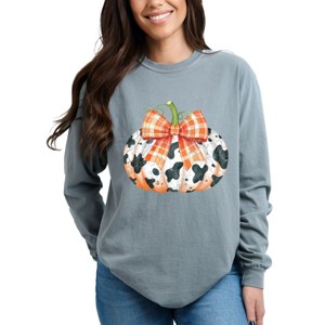 Simply Sage Market Cow Pumpkin Coquette Distressed Garment Dyed Long Sleeve - 1 of 4