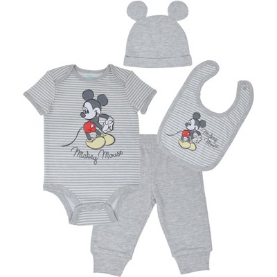 Image of Disney Mickey Mouse Newborn Baby Boys 4 Piece Outfit Set: Bodysuit Pants Bib Hat White/Gray 3-6 Months