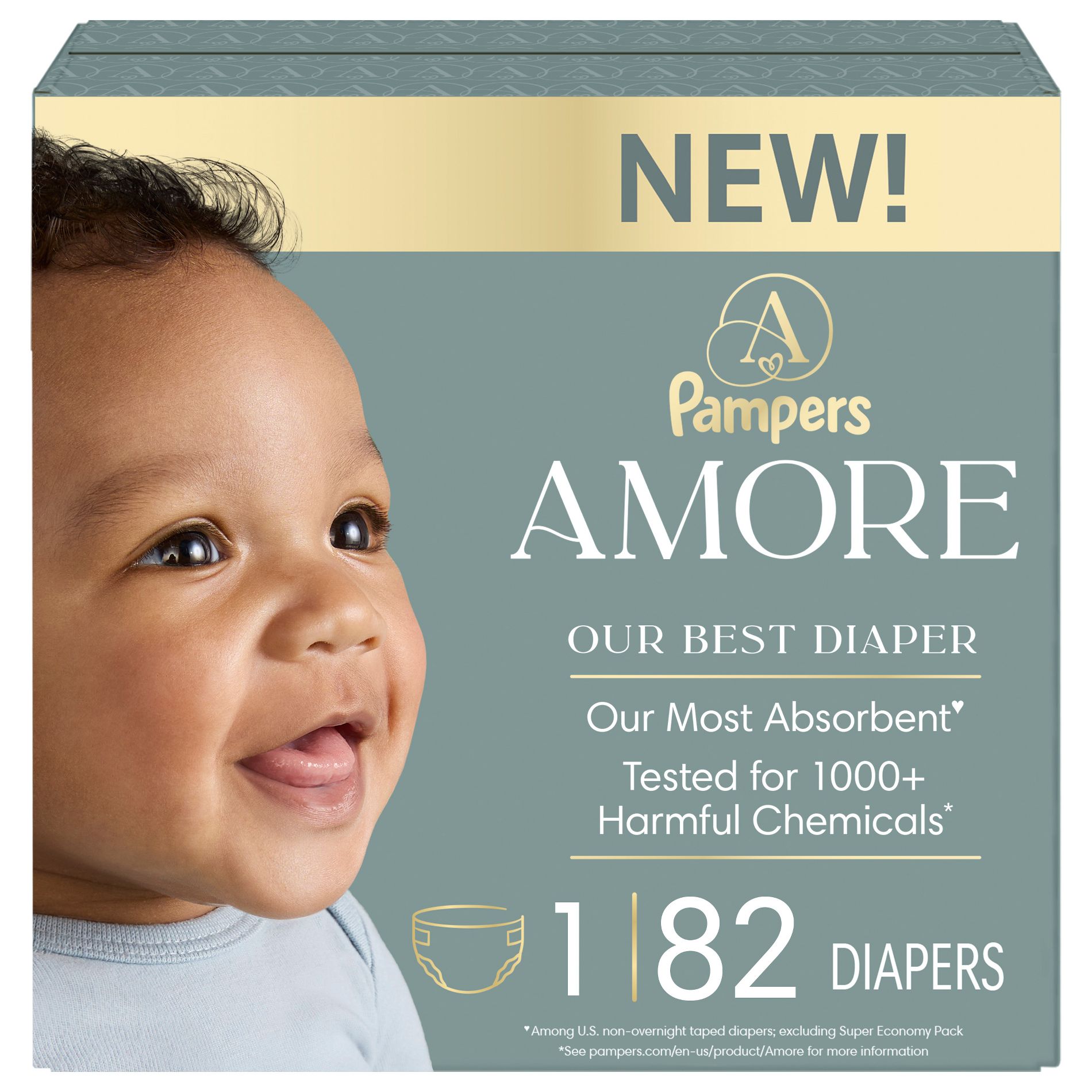 Amore by Pampers Diapers Super Pack - Size 1 - 82ct: 8 to 14 lbs, Disposable, White