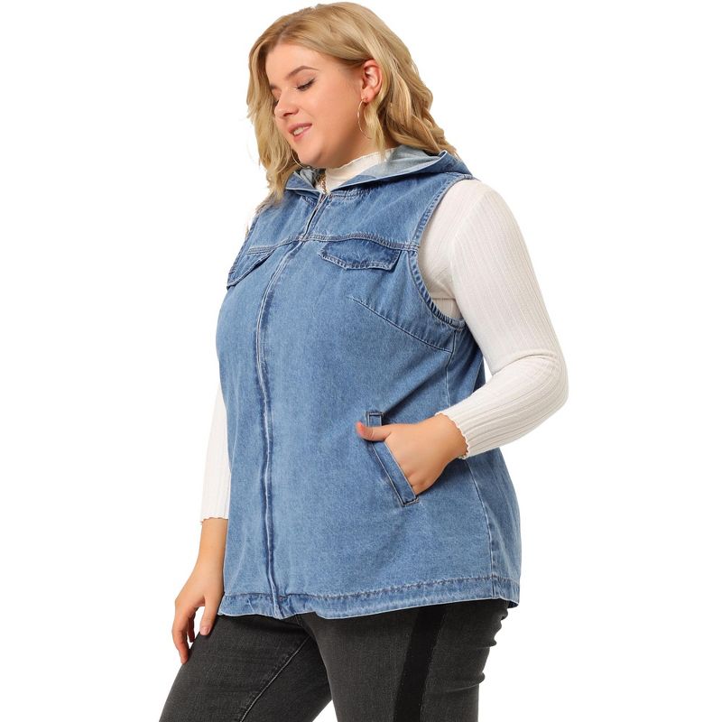 Agnes Orinda Women's Plus Size Hoodie Zipper Up Pocket Denim Oversized Sleeveless Jean Jackets, 4 of 7