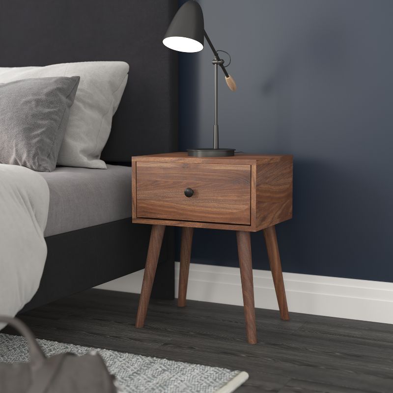 Emma and Oliver Mid-Century Modern Wooden Night Stand with Soft Close Drawer and Sleek Tapered Legs with Protective Floor Glides in Dark Walnut, 5 of 12