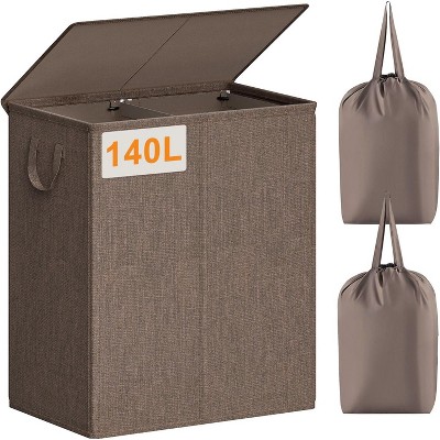 140L Laundry Hamper 2 Section, Double Laundry Basket with Lid, Large Dirty Clothes Hamper with Removable Liner Bags
