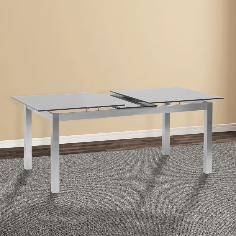 IvanExtendable Dining Table in Brushed Stainless Steel and Gray Tempered Glass Top - Armen Living, 3 of 9