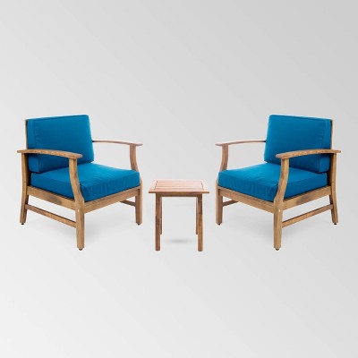 Perla 3pc Acacia Wood Chat Set - Teak/Blue - Christopher Knight Home