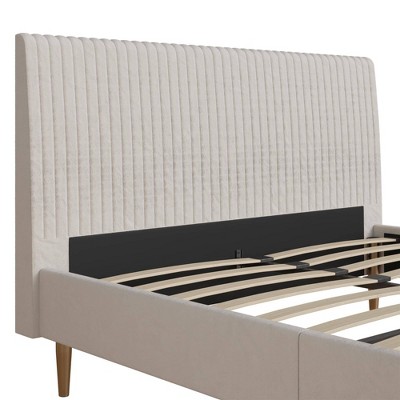 Ivory Velvet Full Upholstered Bed with Tufted Headboard and Slats