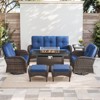 Buenhomino 7PCS Patio Conversation Set Brown Wicker Swivel Patio Chair Sofa Ottoman Set with Side Table and Fire Table PE Rattan Furniture Set - 2 of 4
