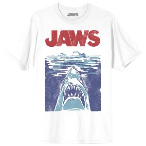 Jaws Franchise Vintaged 3 Color Iconic Poster on White Adult Crew Neck Short Sleeve T-shirt - 1 of 3