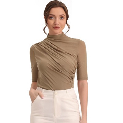Allegra K Women's Mock Neck Stretch Short Sleeve Sheer Mesh Ruched Blouses