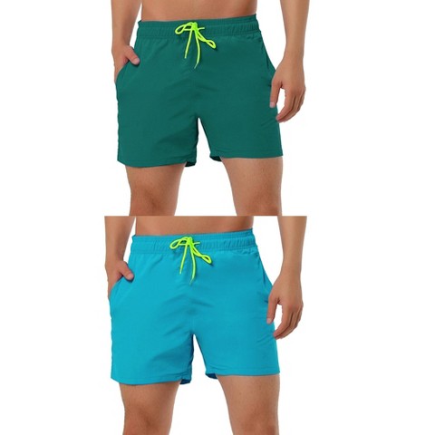 Lars Amadeus Men's Summer Solid Color Lightweight Elastic Waist Beach Swimming Trunks 2 Packs Dark Green/Sky Blue 36