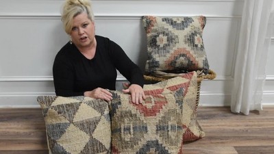 Natural and Blue Cotton Blend Striped Lumbar Pillow Set