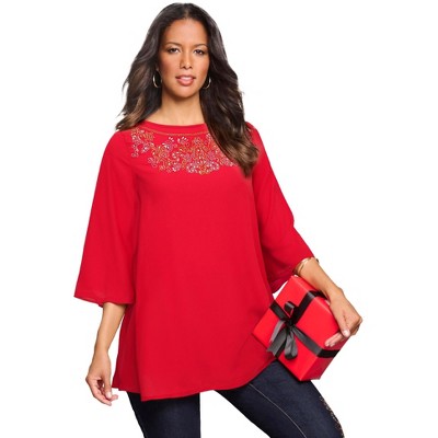 Roaman's Women's Plus Size Flare-Sleeve Embellished Georgette Top