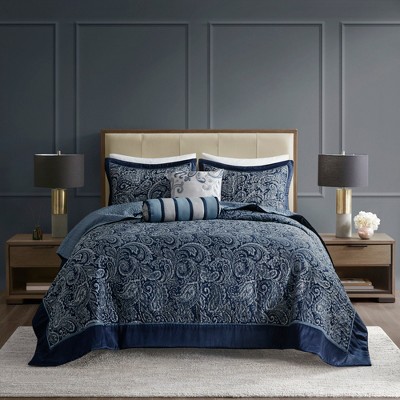 5Pcs Bedspread Set Classic Traditional Jacquard Paisley Motif Reversible Cotton Filled