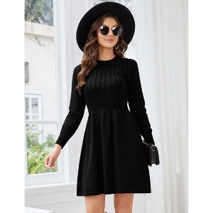 Women's 2025 Long Sleeve Mini Sweater Dress Crewneck Ribbed Knit a Line Pleated Swing Short Dresses - 1 of 4