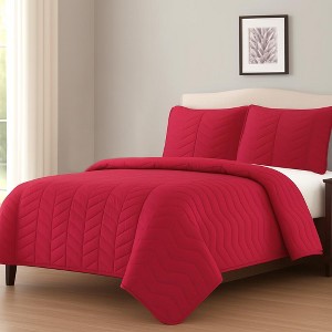 Home Mart Goods Red 3 Piece Modern Geometric Solid Soft Plush Cozy Bedspread Quilt Set - 1 of 4