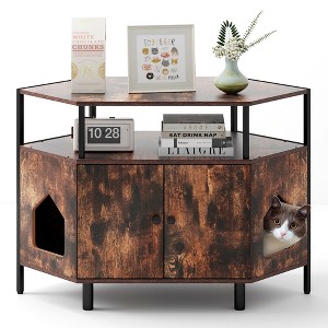 Tangkula Corner Cat Litter Box Enclosure End Table w/ Open Shelf 2 Entries Double Doors Rustic Brown - 1 of 4