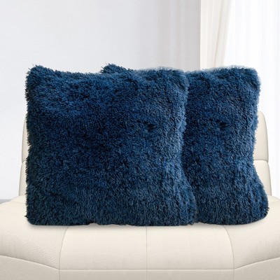 Navy Blue Faux Fur 18" Square Throw Pillow Set