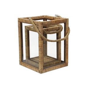 HomeRoots Set of Two Natural Glass Rattan And Rope Tabletop Lantern Candle Holders - 1 of 4