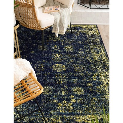Navy Blue and Yellow Floral Motif Area Rug