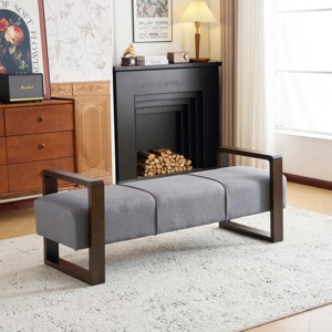 Indoor Long Shaped Ottoman,Linen Fabric Upholstered Bench,Front Door Shoe Storage Bench Entryway Bench With Wooden Legs-Cuddlewood - 1 of 4