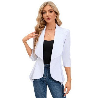 Womens Casual Blazer 3/4 Puff Sleeve Open Front Ruffle Work Office Cardigan Suit Jacket White S