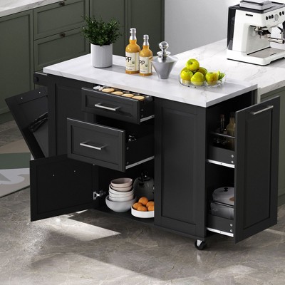 NicBex Modrn Kitchen Island with Drop Leaf & Pull Out Trash,Rolling Kitchen Cart with Wheels & Drawers,Storage Cabinet Folding Dining Table