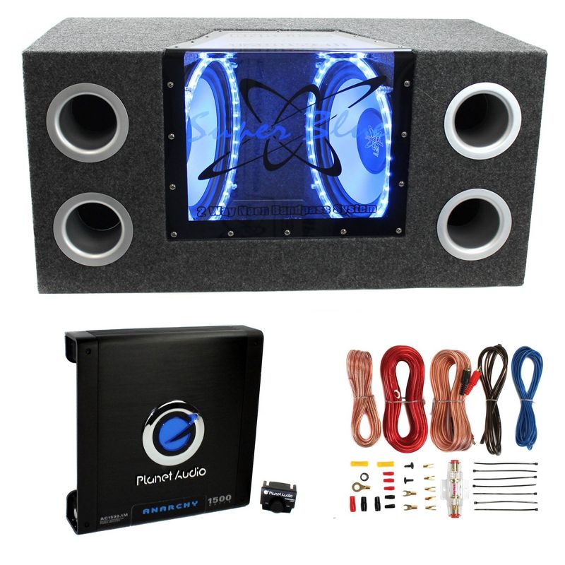 Pyramid BNPS122 12 inch 1200 Watt Car Bandpass Subwoofer and Sub Enclosure Box and Planet Audio AC1500.1M 1500 Watt Audio Amplifier with Wiring Kit, 1 of 7