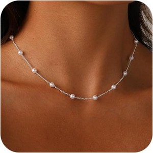 Classic Adjustable Pearl Necklace for Women, Dainty Gold Plated Collar Jewelry - 1 of 4