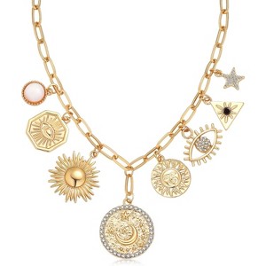 Gold Charm Necklace For Women: Evil Eye/Sun/Moon/Flower/Coin Pendant, Dainty Paperclip Chain Vintage Luck Amulet & Celestial Gift - 1 of 4