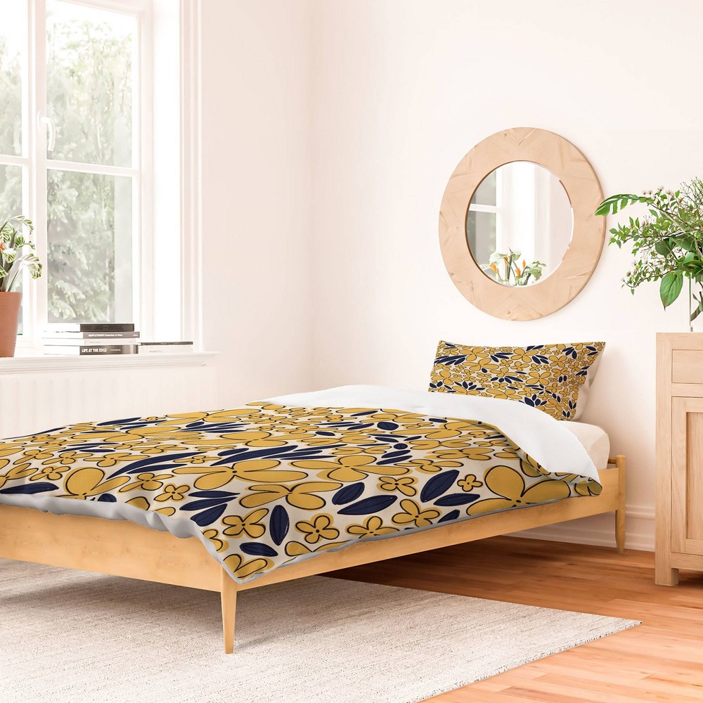 Photos - Bed Linen Deny Designs King Alisa Galitsyna Four Leaf Flower Pattern Duvet Cover and Pillow Sham Set Yellow: 300 Thread Count, Woven P