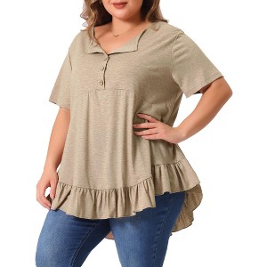 Agnes Orinda Women's Plus Size V-Neck Button-up Short Sleeve Ruffled Hem T-Shirts - 1 of 4
