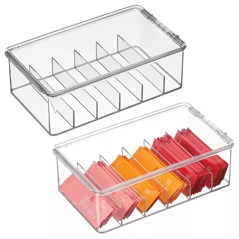 mDesign Plastic Kitchen Organizer Bin w/ Hinged Lid; 6 Sections - Clear, 1 of 9