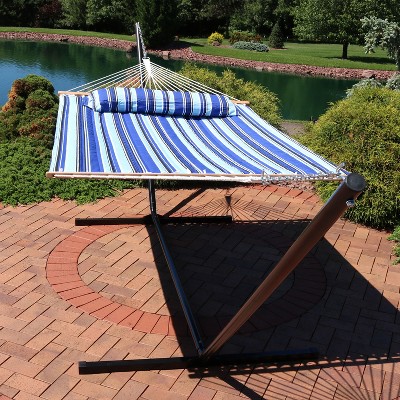 Catalina Beach Blue Quilted Fabric Hammock with Stand and Pillow