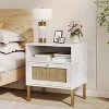 Angel Sar Natural Rattan Nightstands Set of 2, Accent End Table, Boho Bedside Table with 1 Hand Made Decorated Door for Living Room, Bedroom, White - 4 of 4