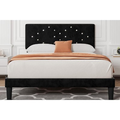 Velvet Bed Frame, Upholstered Platform Bed with Button Tufted Headboard & Under-Bed Storage Space, Sturdy Wooden Slats Support, No Box Spring Needed