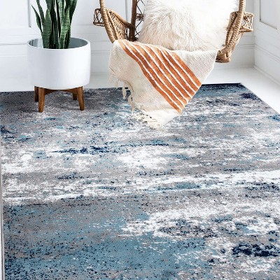 Reversible Abstract Watercolor Blue 5' x 7' Easy-Care Area Rug