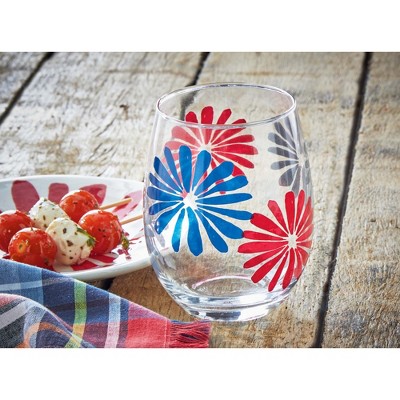 TAG 18 oz. Very Groovy Bright Red Blue Flower Glass Stemless Wine Drinkware Dishwasher Safe Beverage Glassware Dinner Party