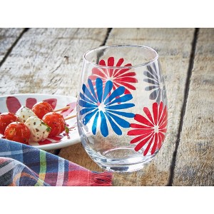 TAG 18 oz. Very Groovy Bright Red Blue Flower Glass Stemless Wine Drinkware Dishwasher Safe Beverage Glassware Dinner Party - 1 of 2