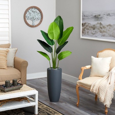 Tall Green Faux Palm Tree in Gray Cylinder Planter