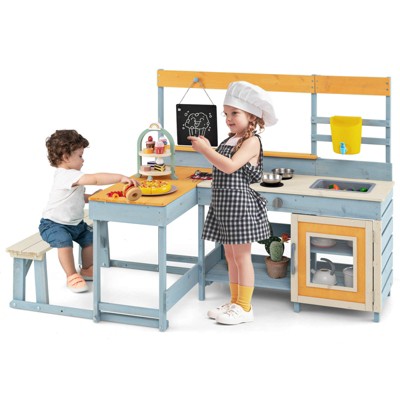 Infans Mud Kitchen with Kids Picnic Table Built-in Bench Blackboard Water Box Sink