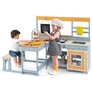 Infans Mud Kitchen with Kids Picnic Table Built-in Bench Blackboard Water Box Sink - 1 of 4