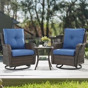 SUGOLD 3-Piece Swivel Rocking Rattan Chair Outdoor, Patio Bistro Furniture Conversation Set(Brown, Blue) - 1 of 1