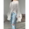 Women's Crew Neck Blouses Fashion Solid Button Collar Tops Throughout Ruffled Semi Open Front Long Bell Sleeve Shirts - 3 of 4